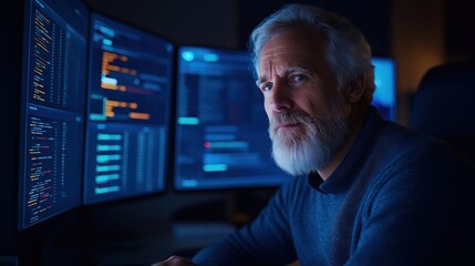 Fototapeta premium senior programmer with a gray beard focuses intently on numerous computer screens displaying complex code and data during the quiet atmosphere of late evening