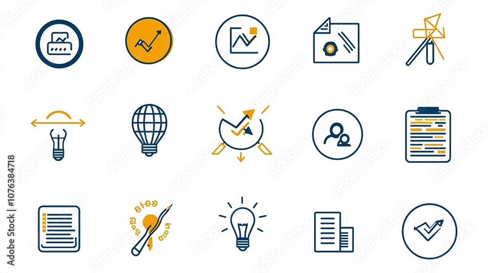 Poster outline style collection of corporate icons highlighting business strategies company growth and orga