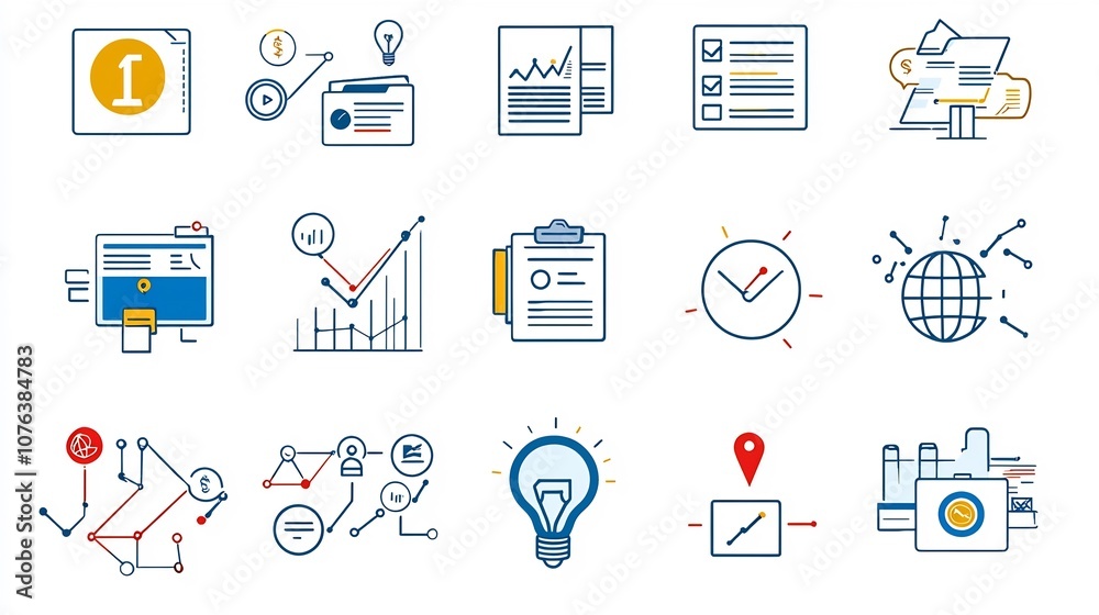 Aufkleber Comprehensive set of 15 thin line icons representing key corporate concepts such as financial reporting workflow optimization and employee engagement strategies  designed for business analysis