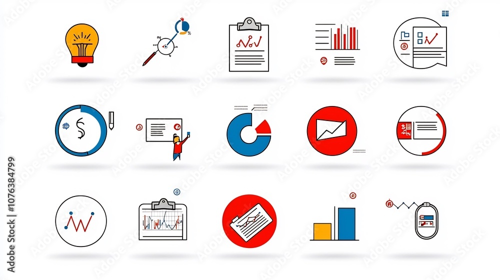 Poster A set of 15 thin line icons for corporate concepts featuring financial reports workflow and employee engagement  The provides a clean and modern design for business management
