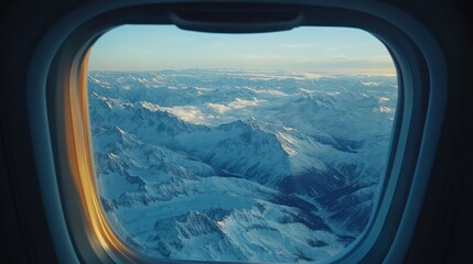 Naklejka premium airplane window view at snow mountains in sunny