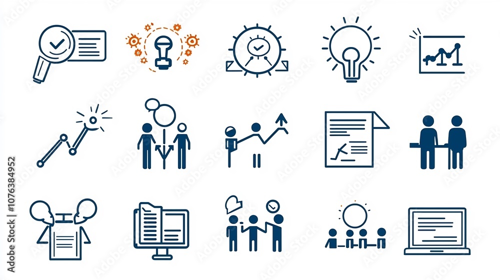 Poster set of 15 linear icons illustrating various aspects of corporate work culture including symbols for 