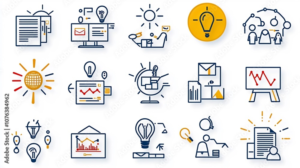 Poster Illustrative icon set depicting various elements of corporate work culture including symbols for team company achievements  This simple captures the essence of productivity workflow