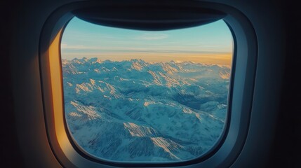 Fototapeta premium airplane window view at snow mountains in sunny