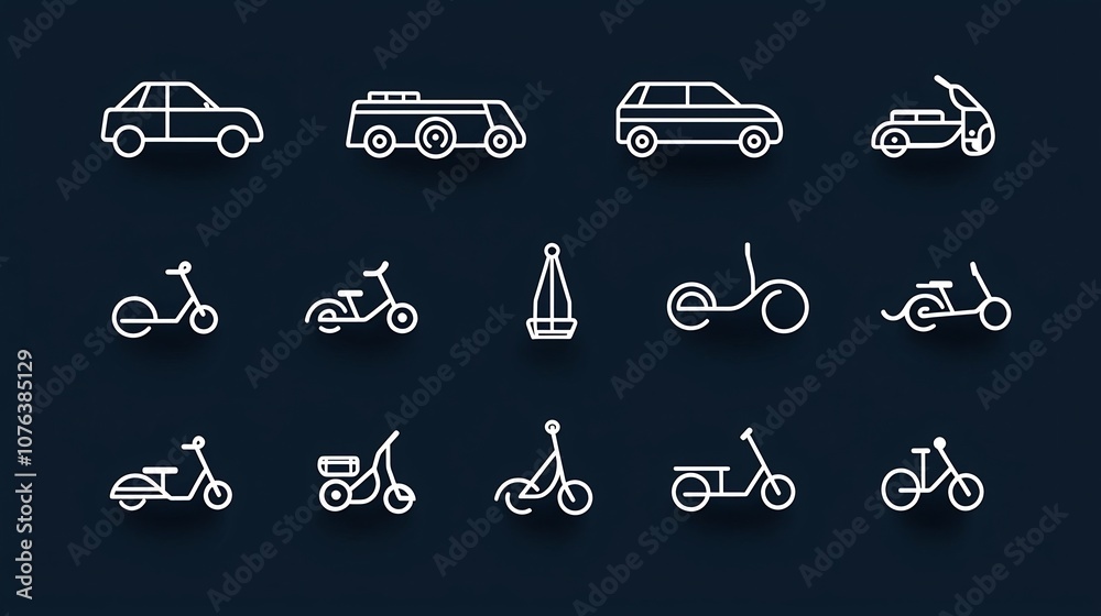 Poster minimalist transportation icon set of 15 outline symbols for taxi scooter and subway simple icons fo