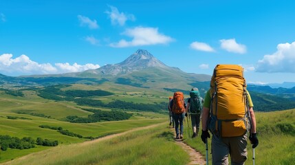 Fototapeta premium group of hikers trek along a winding path through lush green meadows, with a prominent mountain towering in the background under a clear blue sky
