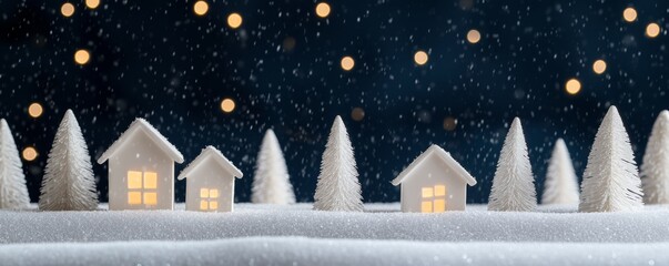 Festive Snowy Christmas Village - Cozy Atmosphere with Glowing Pine Trees and Soft Snowfall