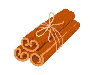 Bunch of cinnamon sticks tied with jute rope. Fragrant bark rolled into tubes, coffee condiment, ingredient culinary. Sweet cooking and bakery spices. Vector illustration in flat style