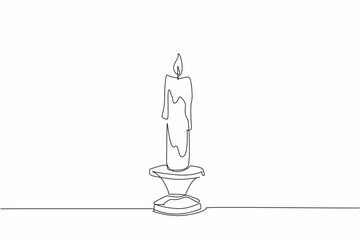 Single continuous line drawing a lit candle in a candlestick. The melting wax. Tradition and stability. Illuminating the darkness. Guidance. World Candle Day. One line design vector illustration