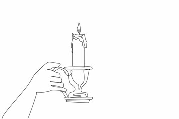 Single one line drawing hand holding candlestick with a lit candle. Share light and warmth. The only source of light in the darkness. World Candle Day. Continuous line design graphic illustration