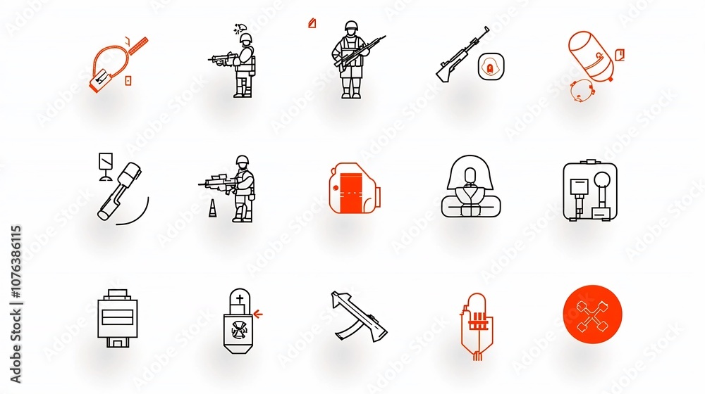 Aufkleber comprehensive collection of 15 linear icons focused on military themes including icons for soldiers 