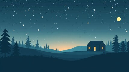 Fototapeta premium Nighttime Cabin in a Starry Forest. Minimalist Flat Art.