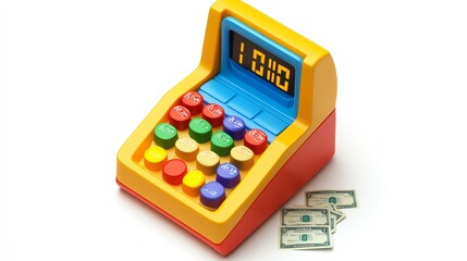 a 2D cartoon illustration of a toy cash register with pretend money, fun and educational, white background--ar 16:9