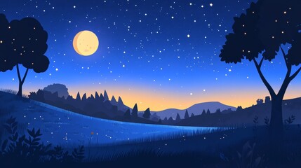 Nighttime Landscape with Fireflies and a Crescent Moon. Minimalist Flat Art.