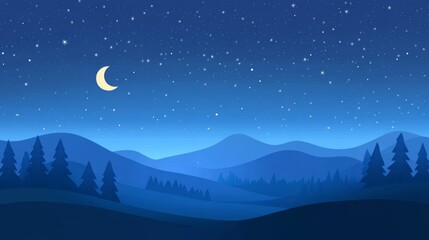 Night Sky Over Silhouetted Mountains. Minimalist Flat Art.