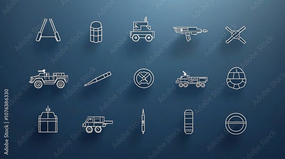 Aufkleber A comprehensive set of 15 minimalist outline icons depicting various military elements such as armored vehicles grenades and artillery  This collection of graphics is designed with a clean simple