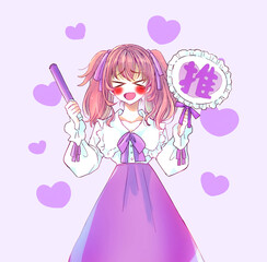 うちわとサイリウムを持って推し活をする女性　悶絶　紫