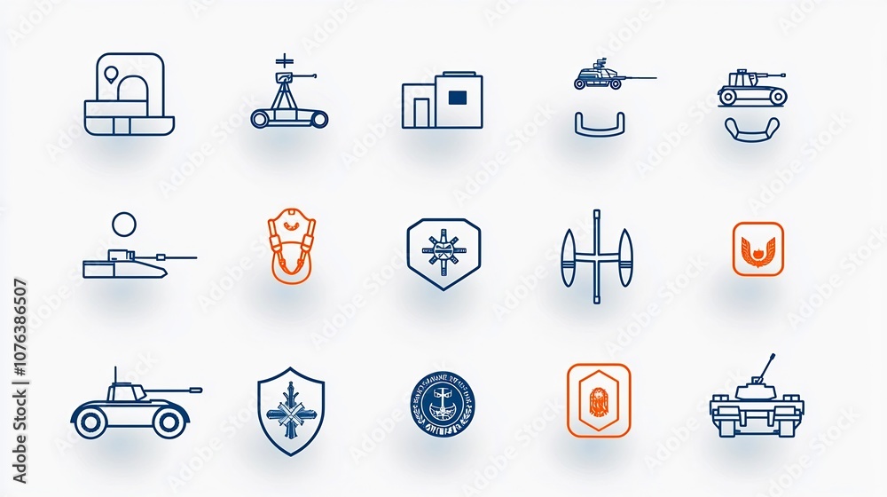 Fototapete Outline Icon Set of 15 Military Symbols Including Command Post Tank and Army Badge in Style with Editable Stroke  Minimalist and Stylized Graphic Design for Military Armed Forces