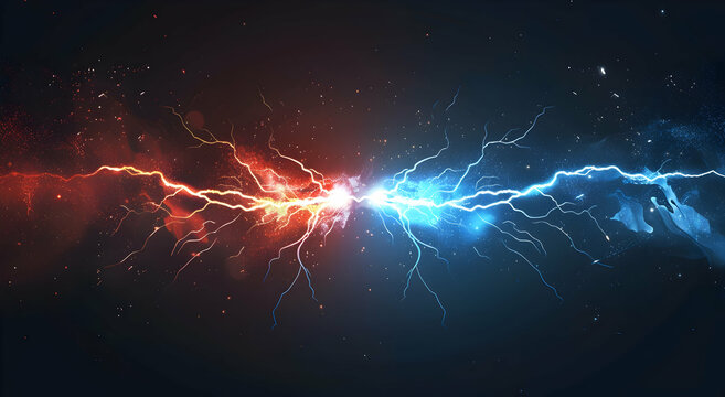A vector illustration of an electric spark between two shapes, one red and the other blue, with glowing effects on a dark background. 