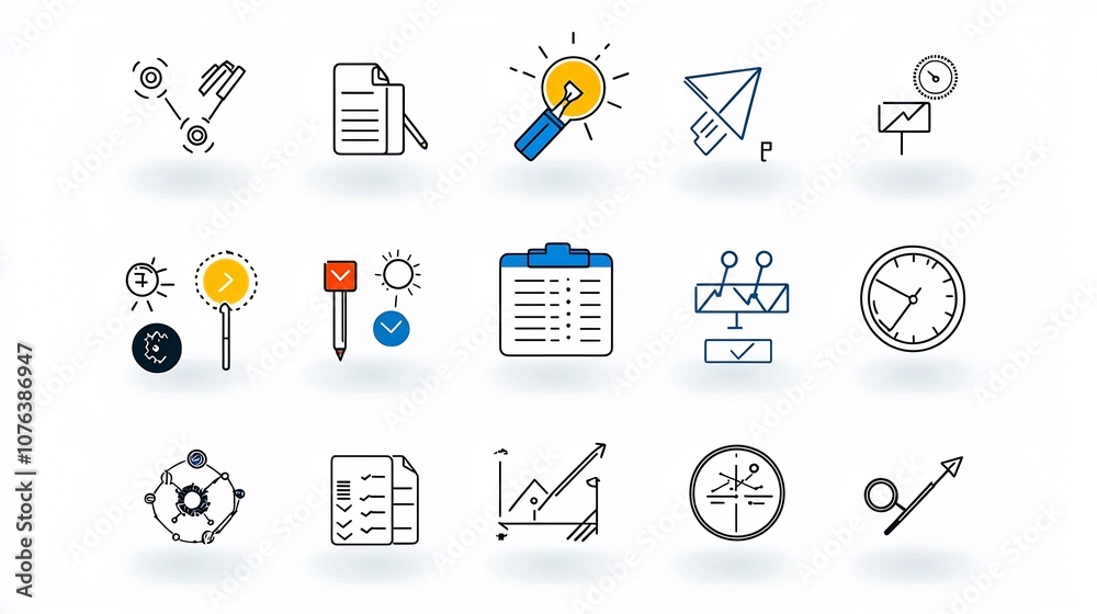 Poster Comprehensive collection of 15 linear icons focused on planning strategy and Featuring clean icons for timeline goal setting workflow and team management
