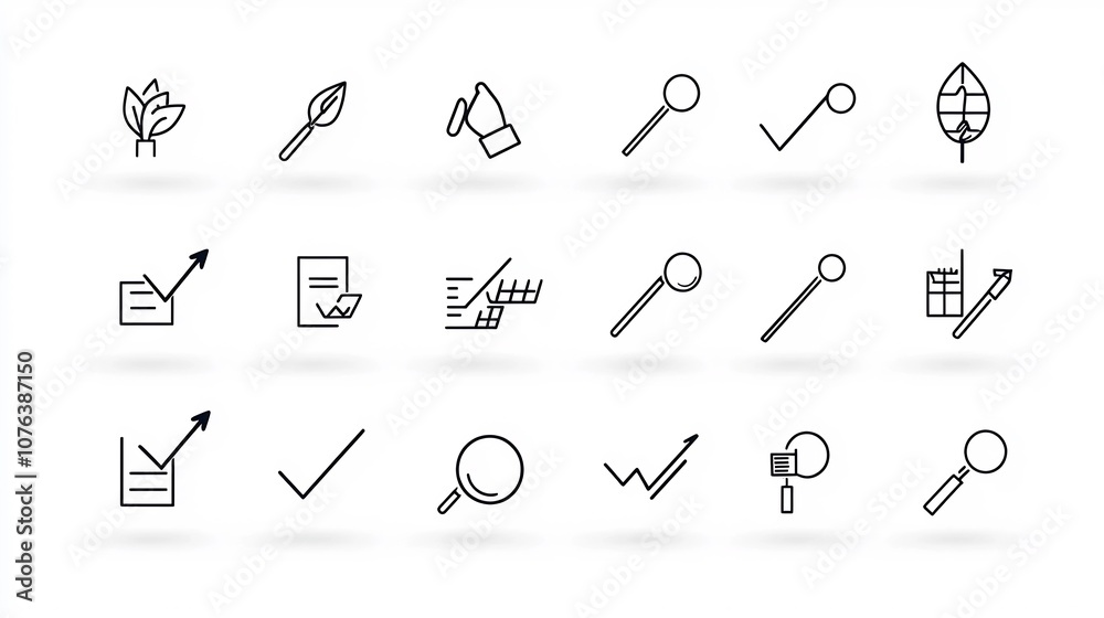 Poster Minimalist Design of Action Plan Icon Set Featuring 15 Outline Symbols Representing Checklist Implementation Steps and Analysis Concepts for Business Strategy Workflow and Project Management