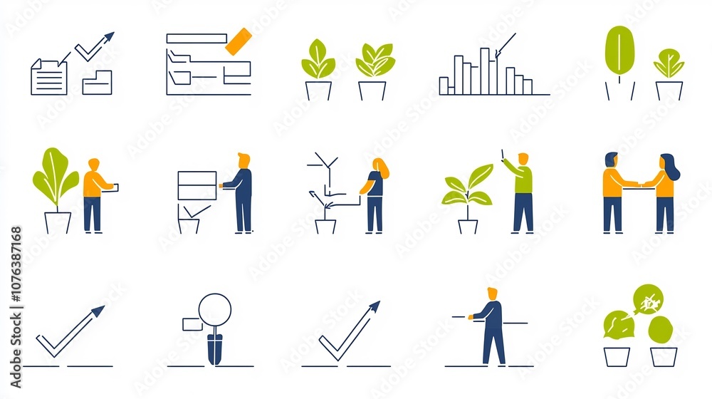 Fototapete Set of 15 minimalist icons representing an action plan with checklist implementation steps and analysis symbols  Designed for business project management and workflow diagrams