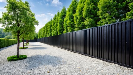 A minimalist black fence borders pristine white gravel, complemented by vibrant green trees, crafting a tranquil natural scene that invites peaceful contemplation and harmony.
