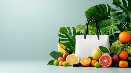 The empty eco friendly bag sits amongst a bountiful display of vibrant tropical leaves and fresh fruits, creating a visually stunning and environmentally conscious scene.