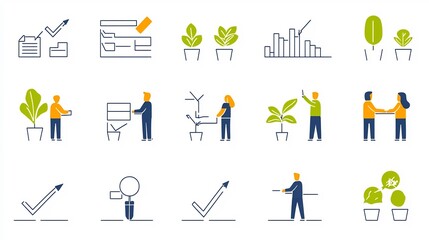 Set of 15 minimalist icons representing an action plan with checklist implementation steps and analysis symbols  Designed for business project management and workflow diagrams