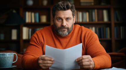 man with a beard sits at a table, attentively reading documents while surrounded by bookshelves in a warm, inviting library. afternoon light adds a peaceful ambiance