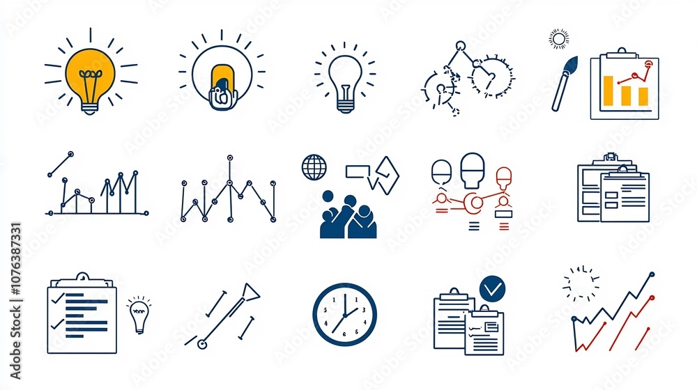 Poster Outline Icon Set Featuring 15 Symbols for Action Planning Task Management Decision Making and Progress Tracking  Presented in a Style with Editable Stroke
