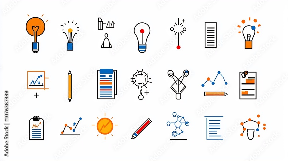 Poster Comprehensive Outline Icon Set Featuring 15 Symbols Representing Various Elements of Action Planning Task Management Decision Making and Progress Tracking in a Clean Style with Editable Strokes
