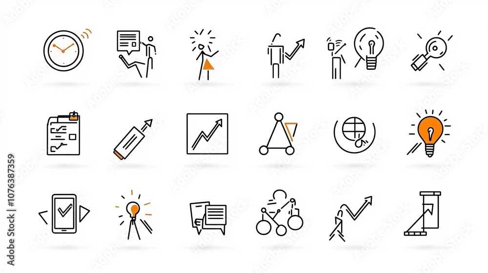 Poster Set of 15 thin line icons illustrating key elements of action plans including goal achievement meeting schedules and strategy implementation for business office and project management contexts