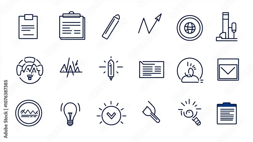 Poster Thin line icon set for action plans featuring goal achievement meeting schedule and strategy implementation ideal for business management organization and workflow optimization