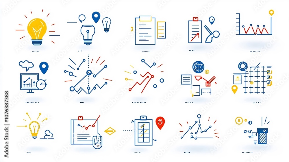 Poster Set of 15 thin line icons for action plans featuring goal achievement meeting schedule and strategy implementation for efficient business management and workflow optimization