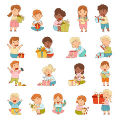 Happy Kid Character with Gift Box and Present Vector Set