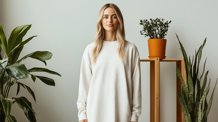 Young woman with long blonde hair wearing a white sweater, standing between houseplants in a minimalistic indoor setting with a neutral background.