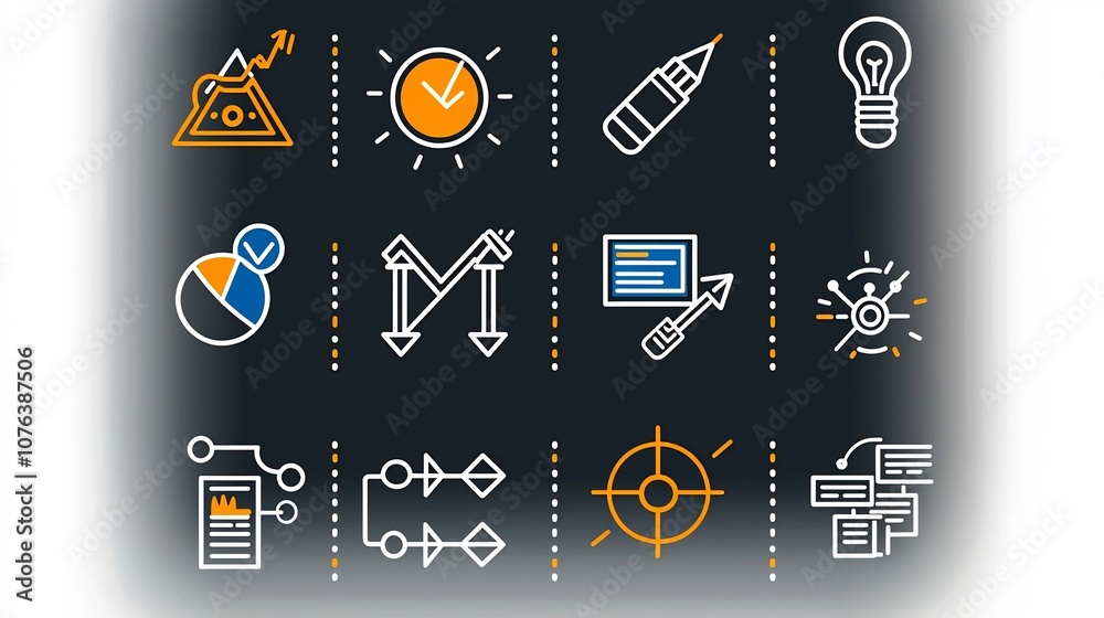 Aufkleber Set of 15 linear icons illustrating the essential elements of an action plan process including symbols for task priority resource allocation and timeline presented in a simple style