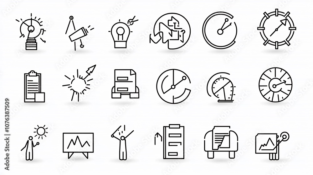 Poster Set of 15 outline icons representing task planning and tracking tools including workflow approval process and progress meter indicators  Clean