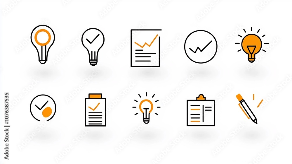 Poster set of 15 thin line icons depicting various elements of action plans including goal achievement meet