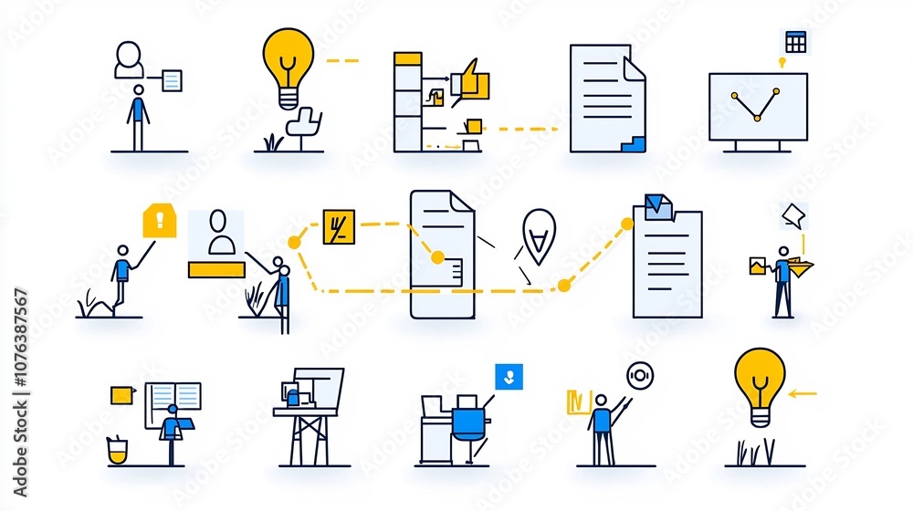 Leinwandbilder A set of 15 linear icons designed to visually represent various processes and management strategies within an action plan including symbols for task priority resource allocation and timeline