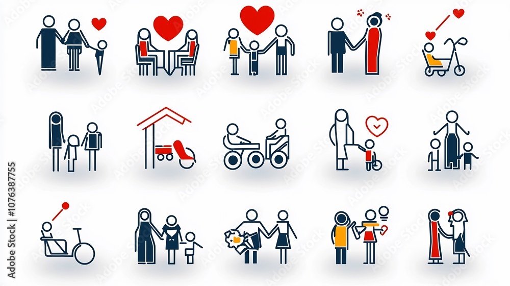 Aufkleber collection of 15 simple linear icons representing the family unit including parents children and gra