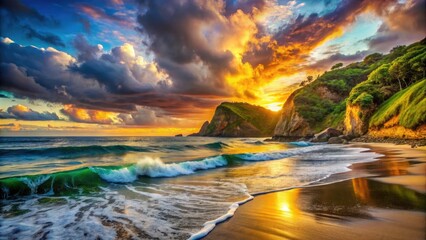 Naklejka premium Totally Tubular Landscape Photography: Vibrant Waves, Surreal Nature, Scenic Views, Coastal Beauty, Majestic Mountains, Lush Greenery, Serene Waters, Breathtaking Horizons, and More