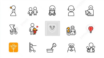 Minimalist Collection of 15 Linear Family Relationship Icons Featuring Parents Children and Grandparents in Simple Graphic Style