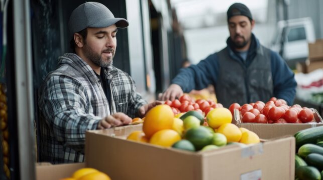 Workers load fresh produce boxes into delivery truck for market transport in agricultural setting