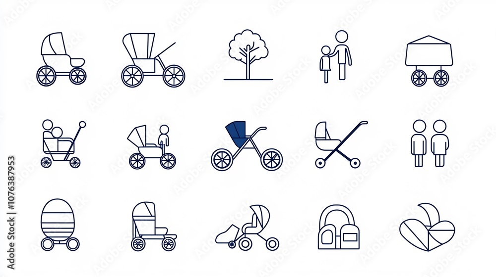 Fototapete A set of 15 family related icons in a clean minimalist outline style  The icons feature elements such as a baby stroller family tree and sibling symbols
