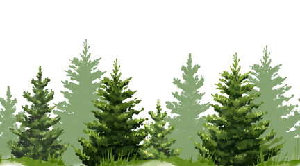 Seamless pattern with fir forest. Green woodland. Hand drawn border, perfect for card or print design