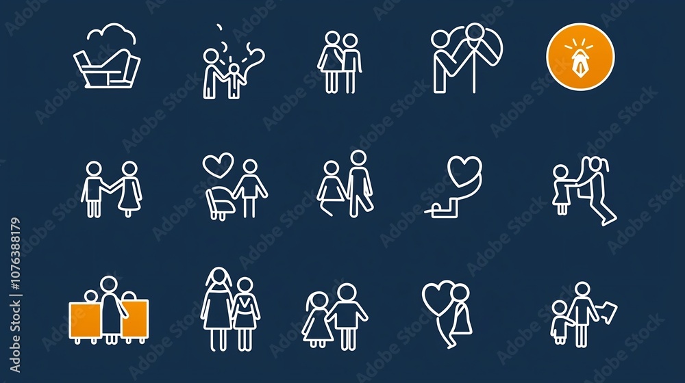 Aufkleber a collection of 15 simple linear icons symbolizing the bonds and support within a family depicting t