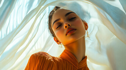 Model in Sculptural Fashion Pose, Minimalist Background and Lighting