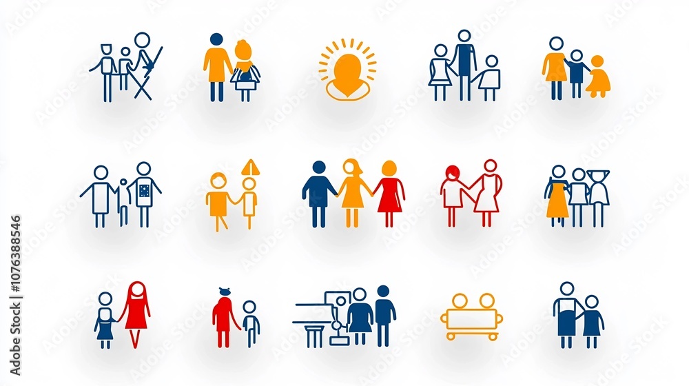 Aufkleber Minimal Outline Icon Set of 15 Symbols Representing Family Relationships Including Extended Family Siblings and Parental Support in a Clean Style with Editable Strokes